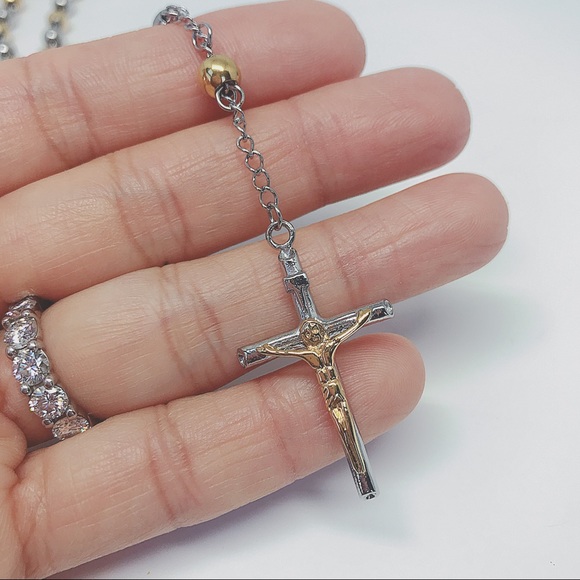 Two Toned Stainless Steel Rosary Necklace - Picture 2 of 8